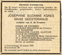 Overlijdensbericht J.S.A. de Fremery-MG (1976)